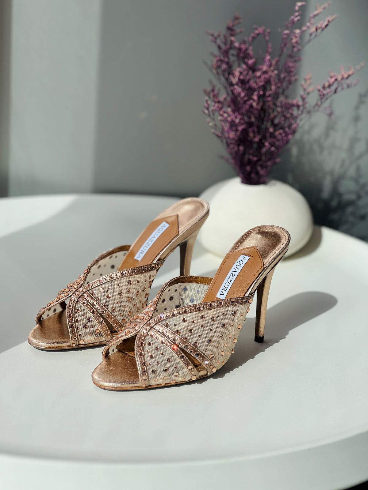 Aquazzura Rose Gold Embellished Mesh Mules