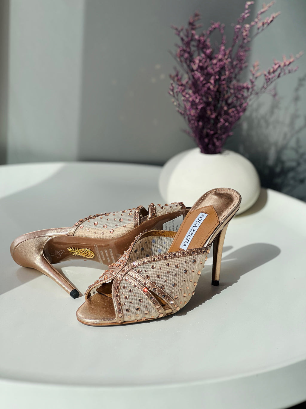 Aquazzura Rose Gold Embellished Mesh Mules