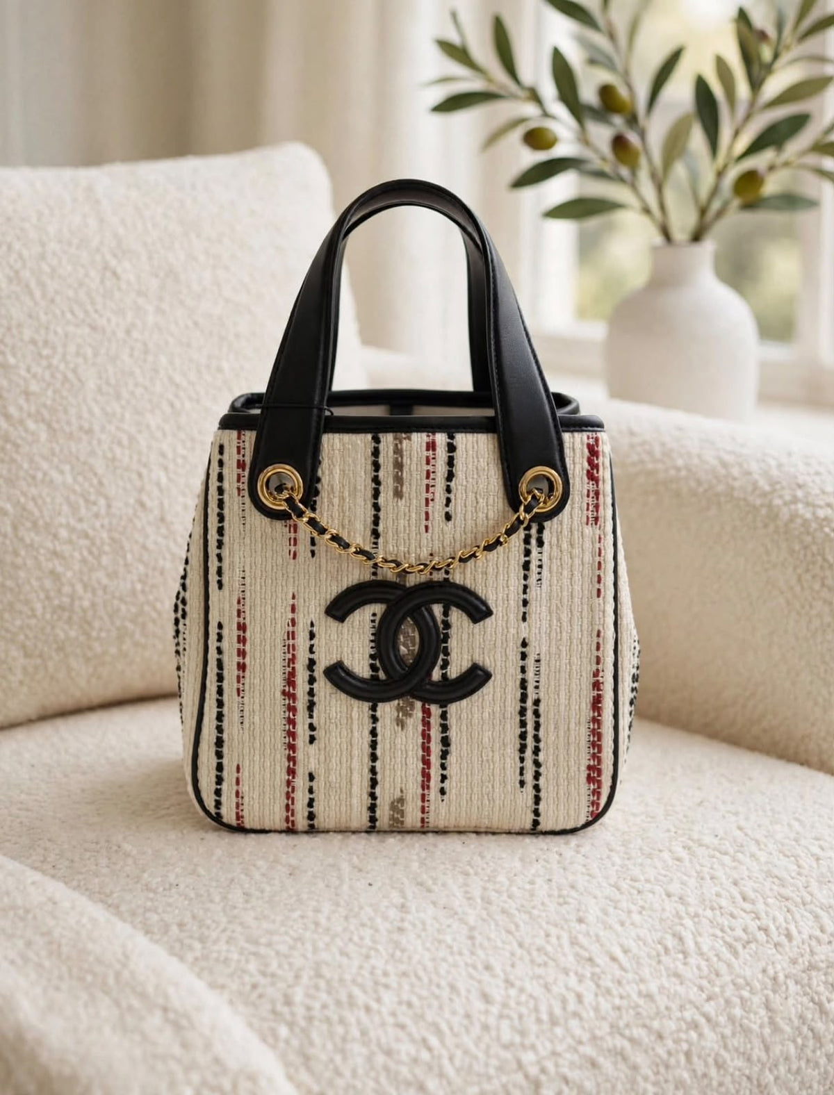 CHANEL Striped Chain Detail Tote Bag