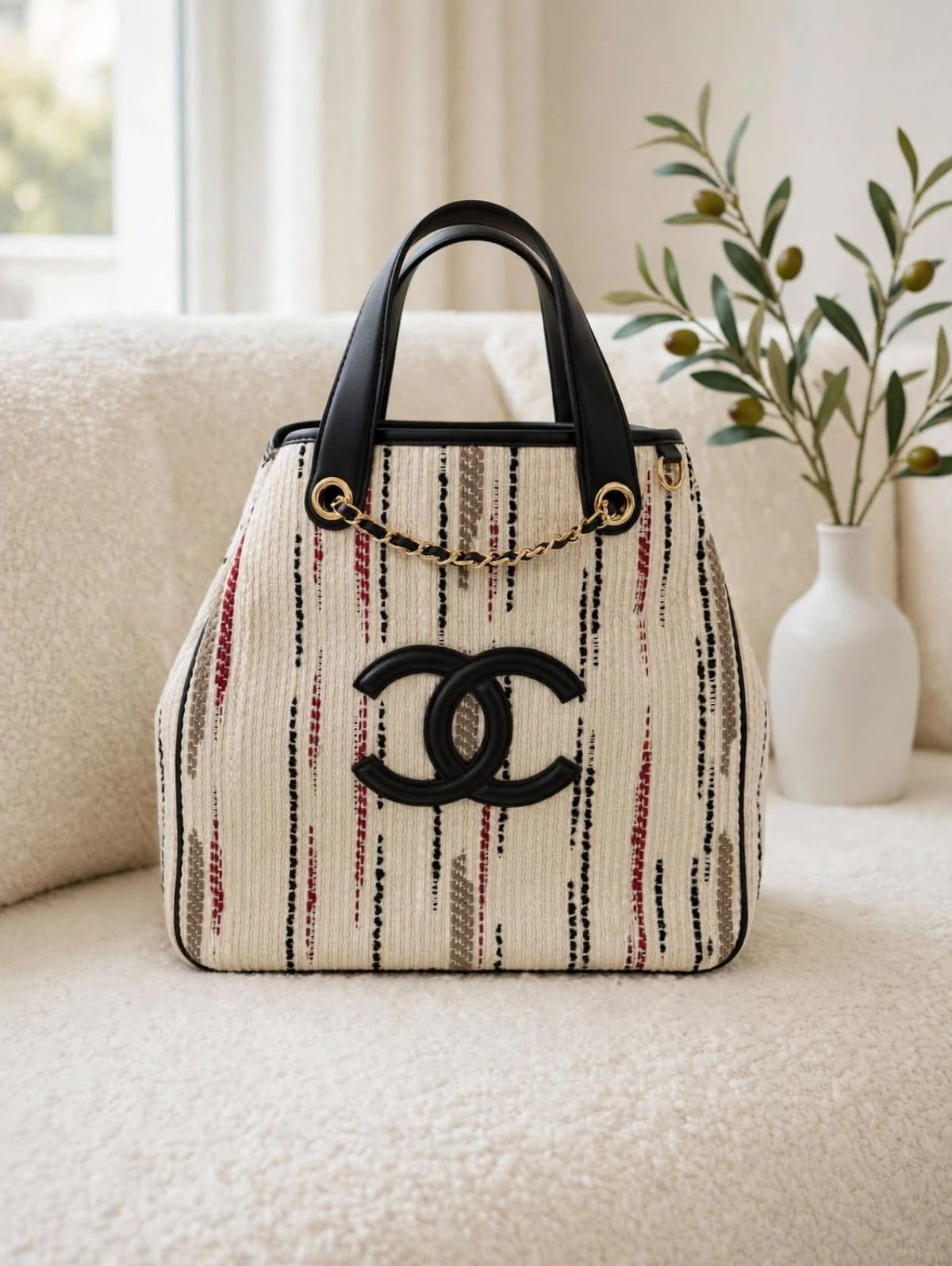 CHANEL Striped Chain Detail Tote Bag