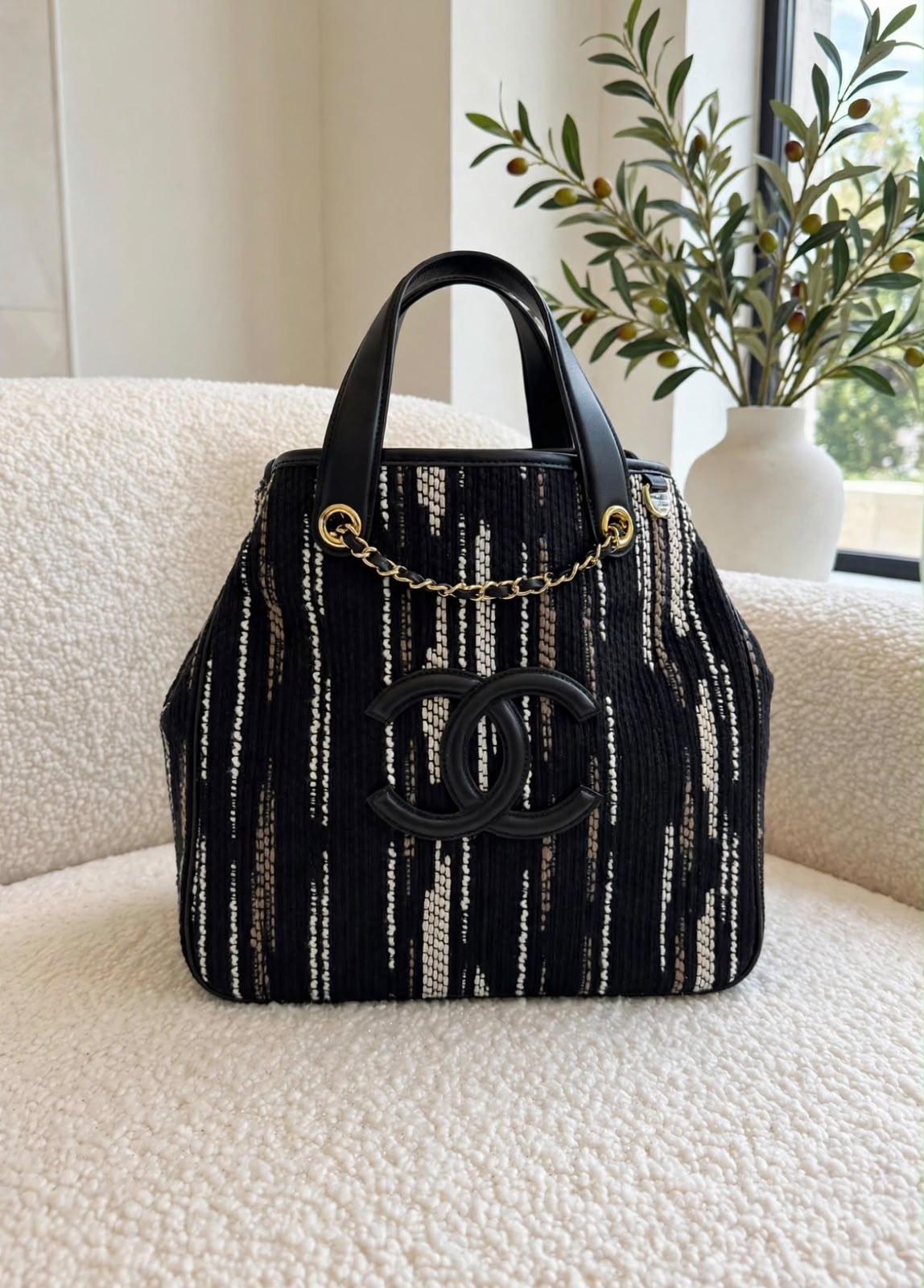 CHANEL Striped Chain Detail Tote Bag
