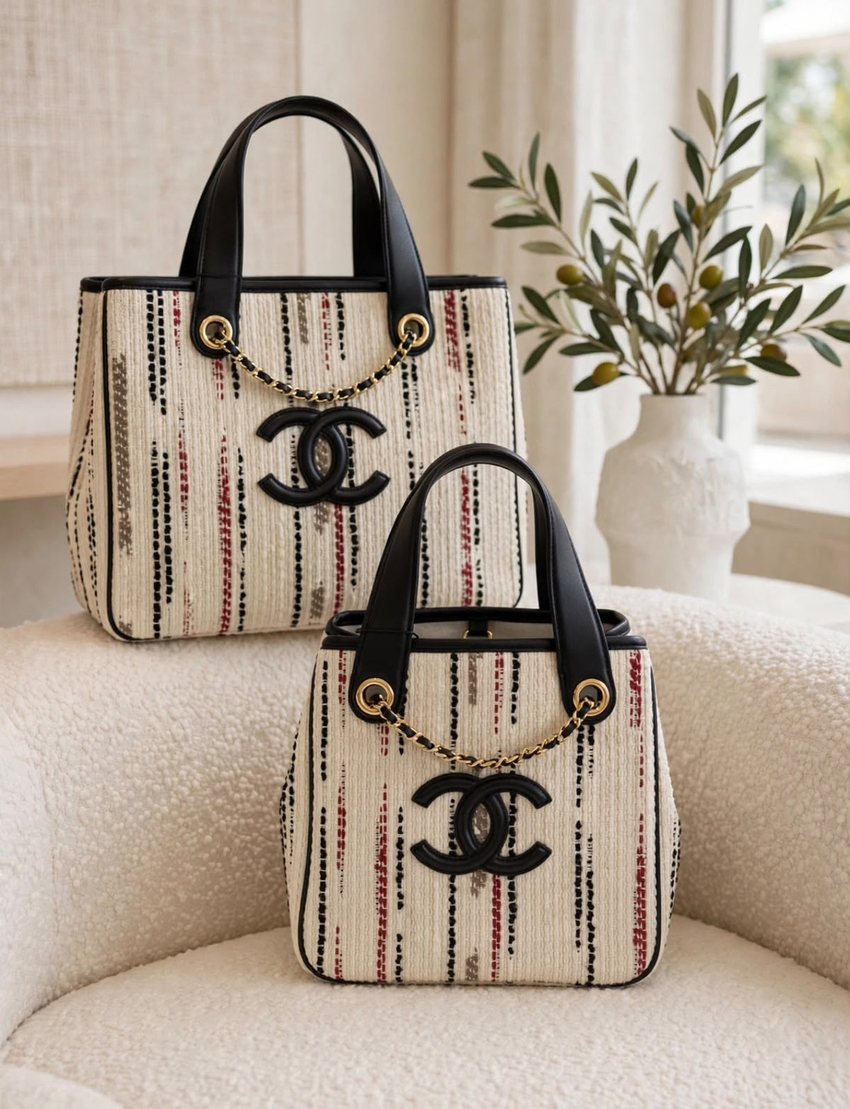 CHANEL Striped Chain Detail Tote Bag