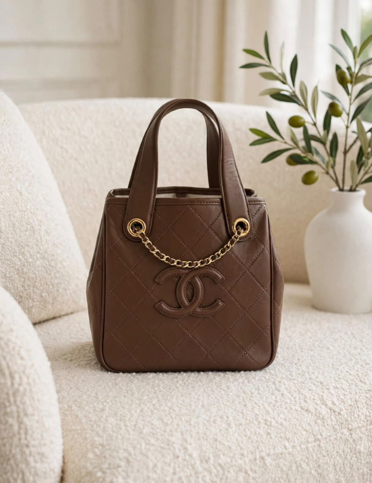 CHANEL Quilted Tonal Logo Chain Detail Tote