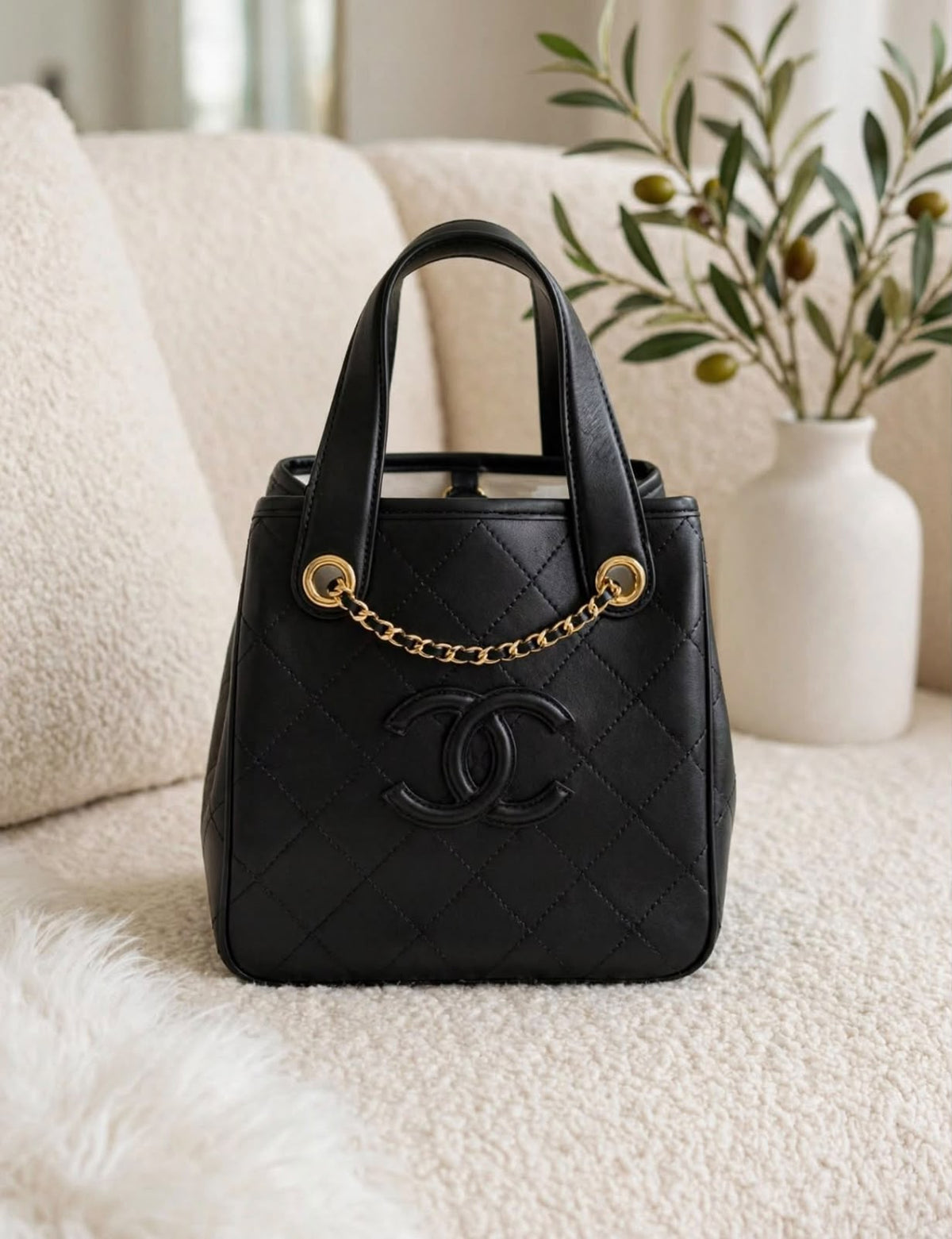 CHANEL Quilted Tonal Logo Chain Detail Tote