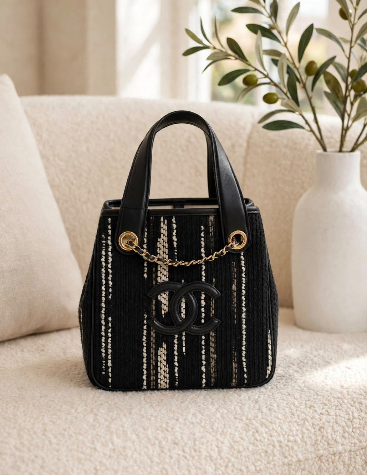CHANEL Quilted Tonal Logo Chain Detail Tote