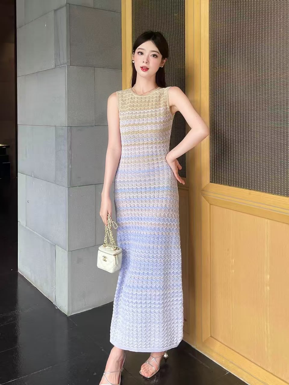 SANDRO Chevron Sleeveless Midi Dress