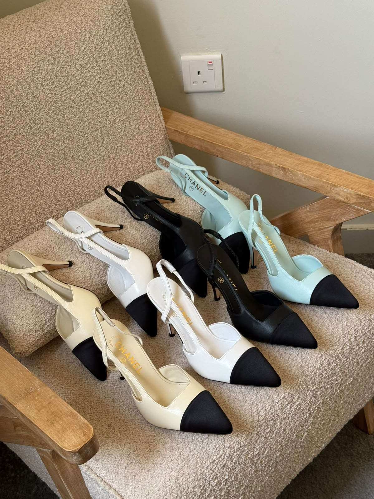 CHANEL Pointed Cap-Toe Slingback Heels