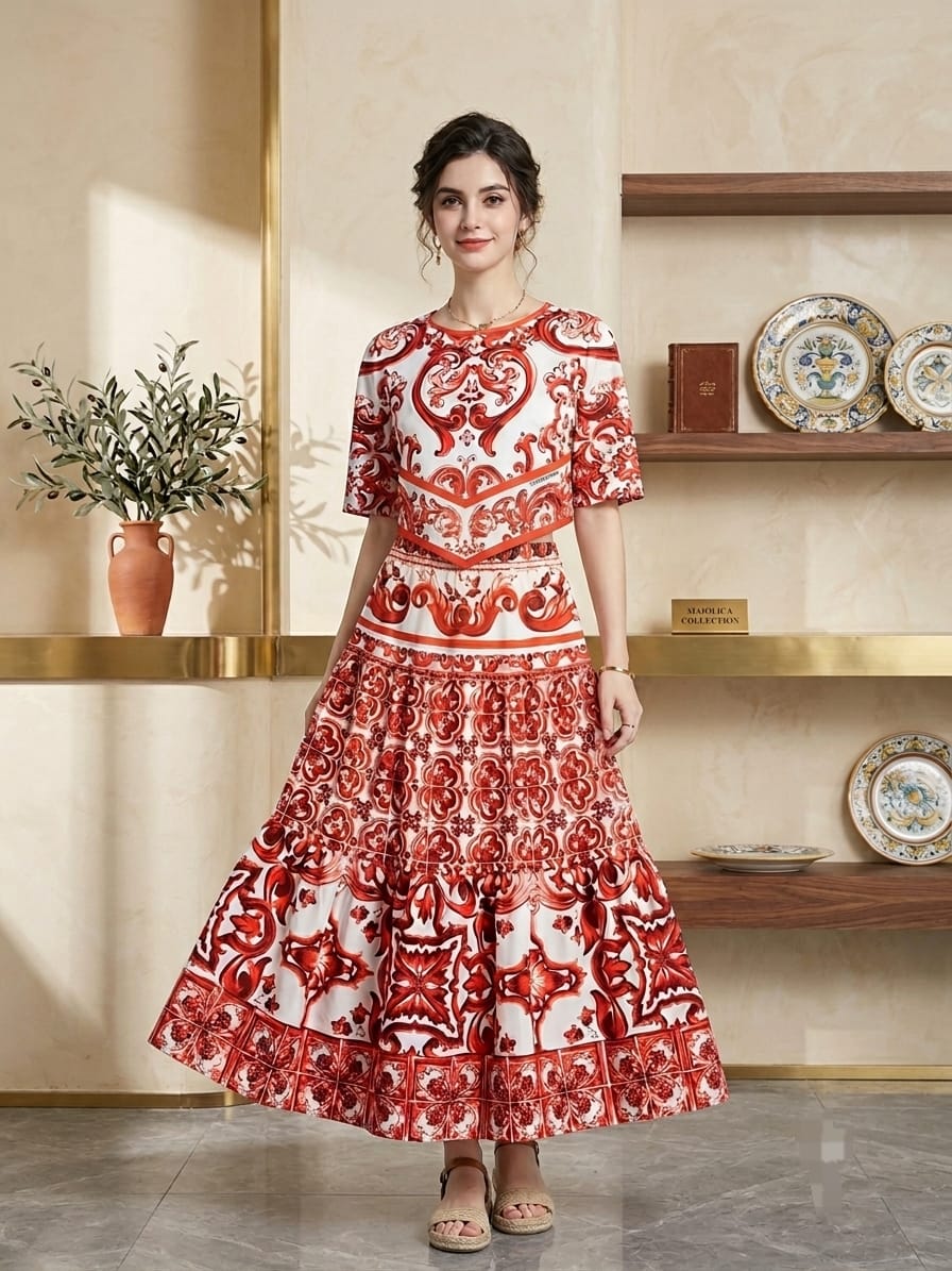 DOLCE & GABBANA Red Printed Top and Midi Skirt Set