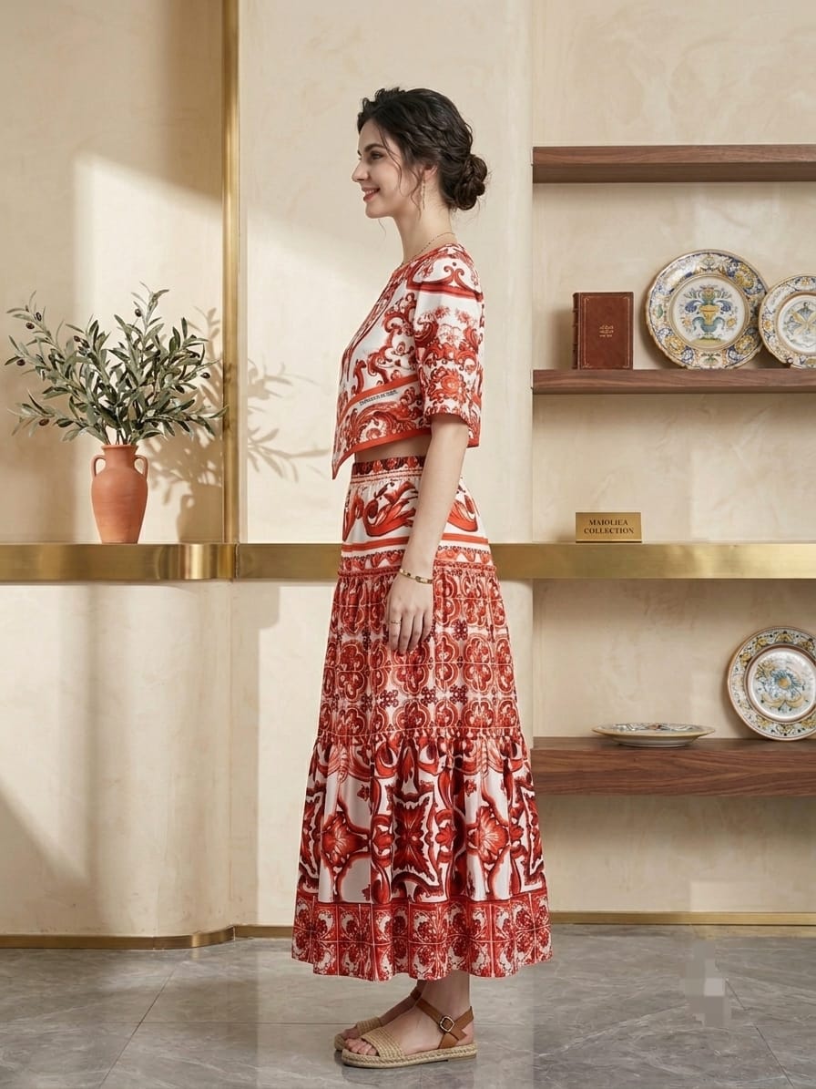 DOLCE & GABBANA Red Printed Top and Midi Skirt Set