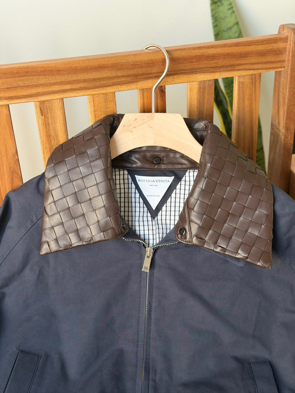 Bottega Veneta Crop Jacket with Contrast Woven Leather Collar