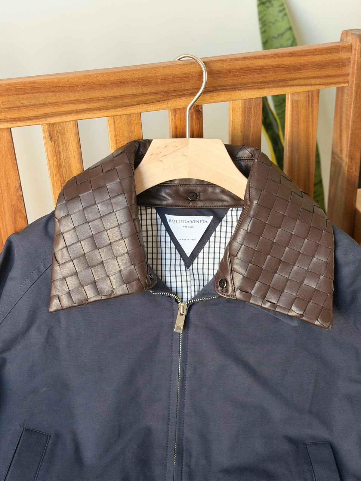 Bottega Veneta Crop Jacket with Contrast Woven Leather Collar