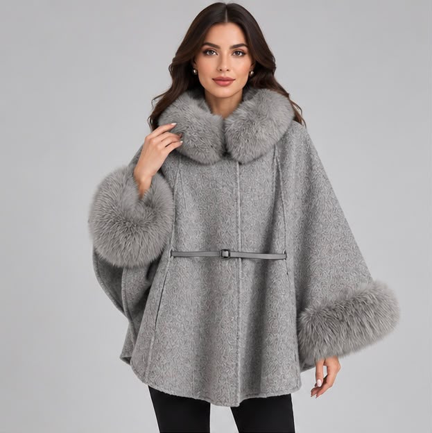 Loro Piana Cashmere Cape with Fox Fur Trim and Belt