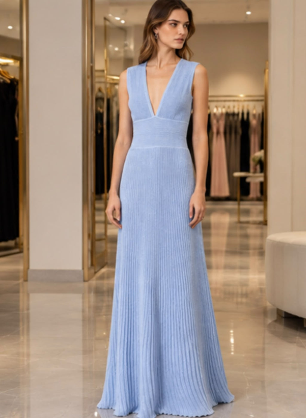 Alaïa V-Neck Ribbed Knit Gown Dress
