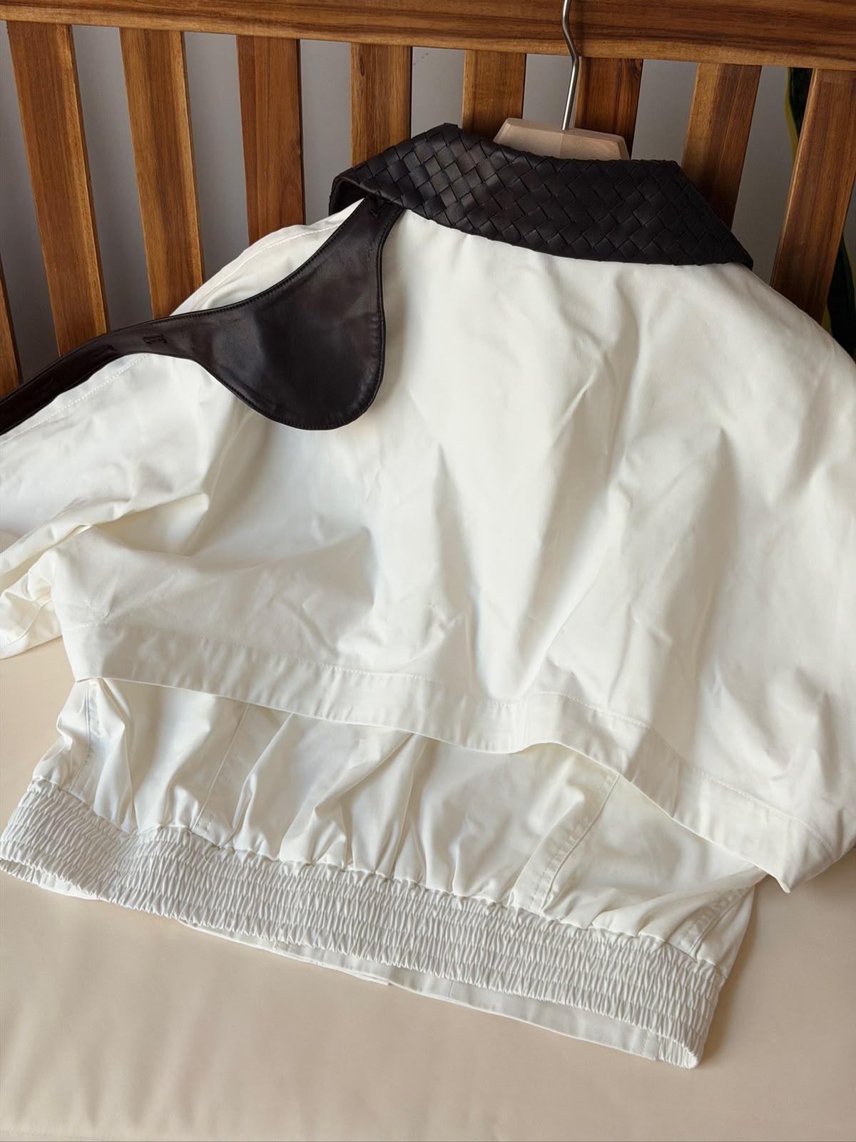 Bottega Veneta Crop Jacket with Contrast Woven Leather Collar