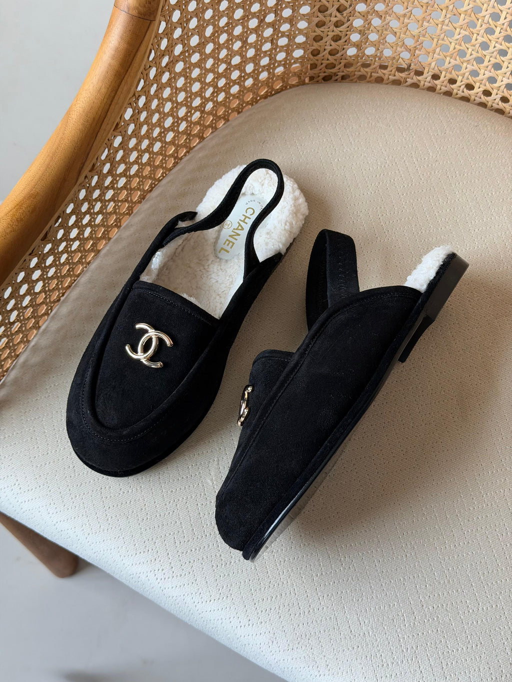 Chanel Shearling-Lined Loafer Mules with CC Logo