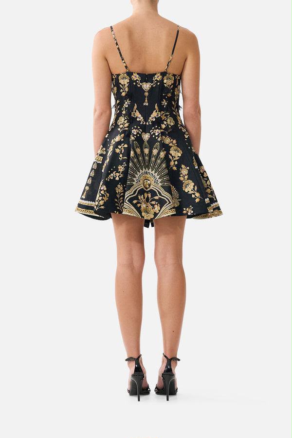 Camilla Crystal-Embellished Printed Silk Strappy Corset Flared Mini Dress