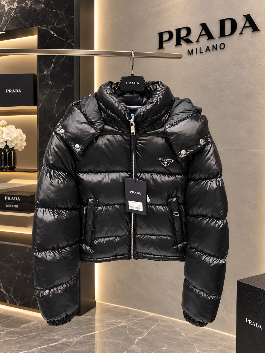 Prada Glossy Re-Nylon Hooded Cropped Puffer Jacket