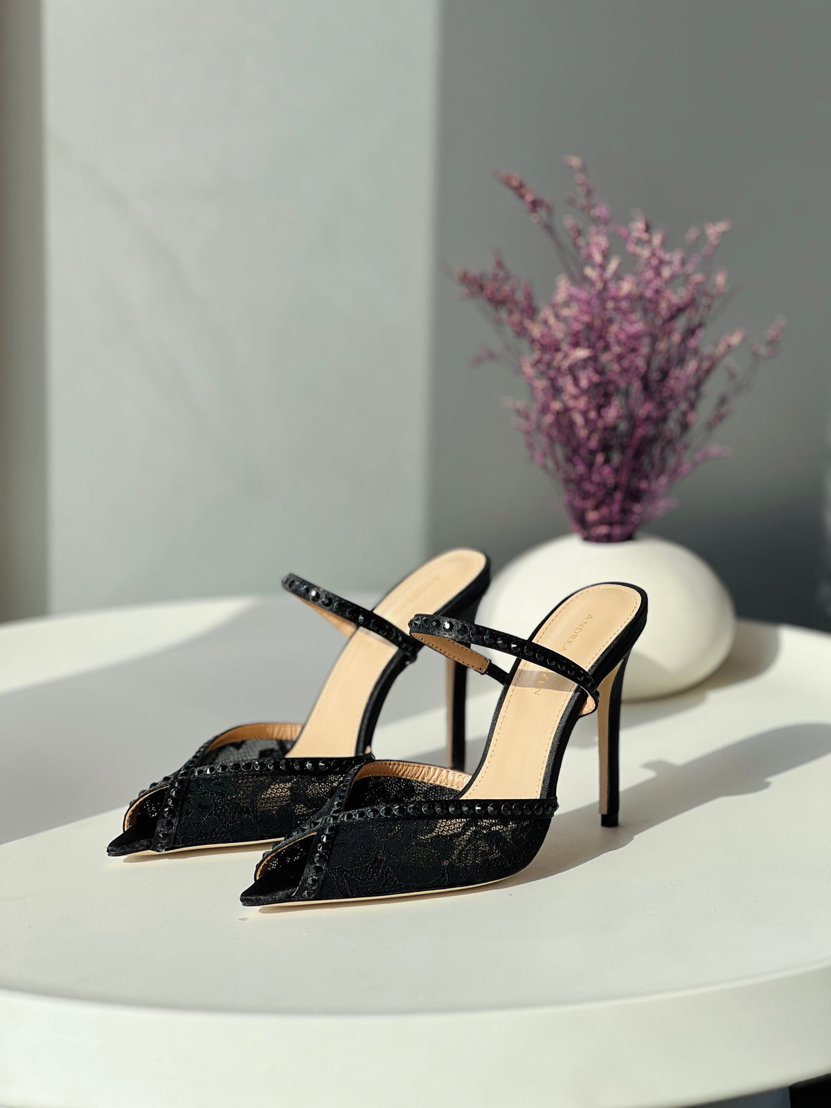 Andrea Wazen Black Lace Embellished Mules