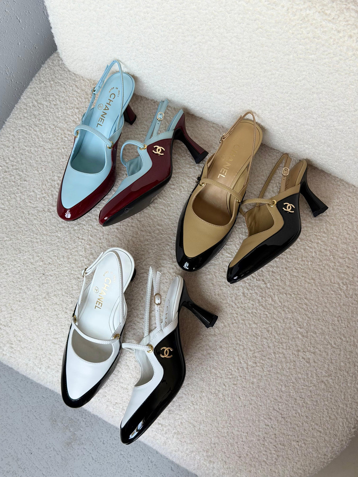 Chanel Two-Tone Patent and Leather Slingback Heels with T-Strap and CC Logo