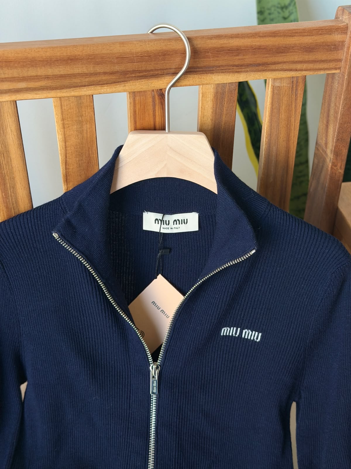 Miu Miu Ribbed Knit Full-Zip Jacket with Embroidered Logo