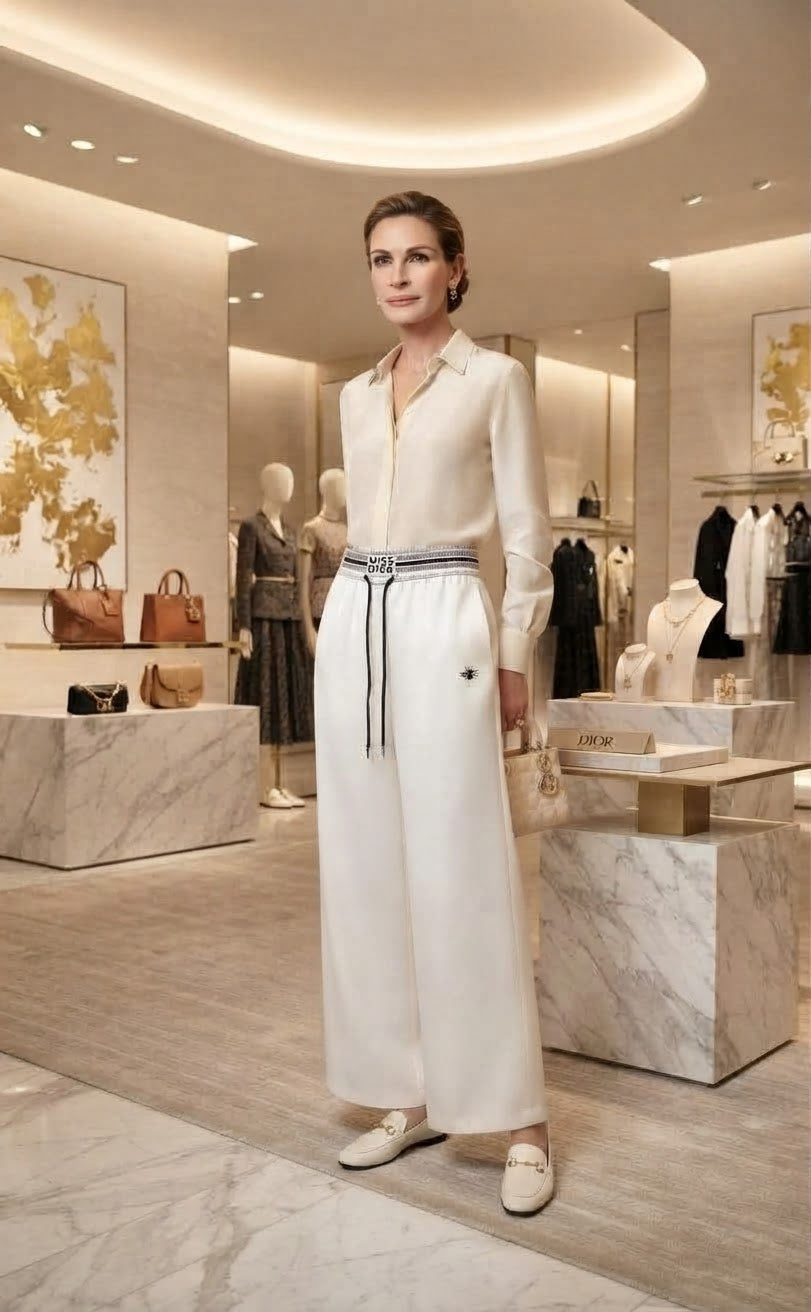 White Silk/Satin Wide-Leg Pants with Striped Waistband