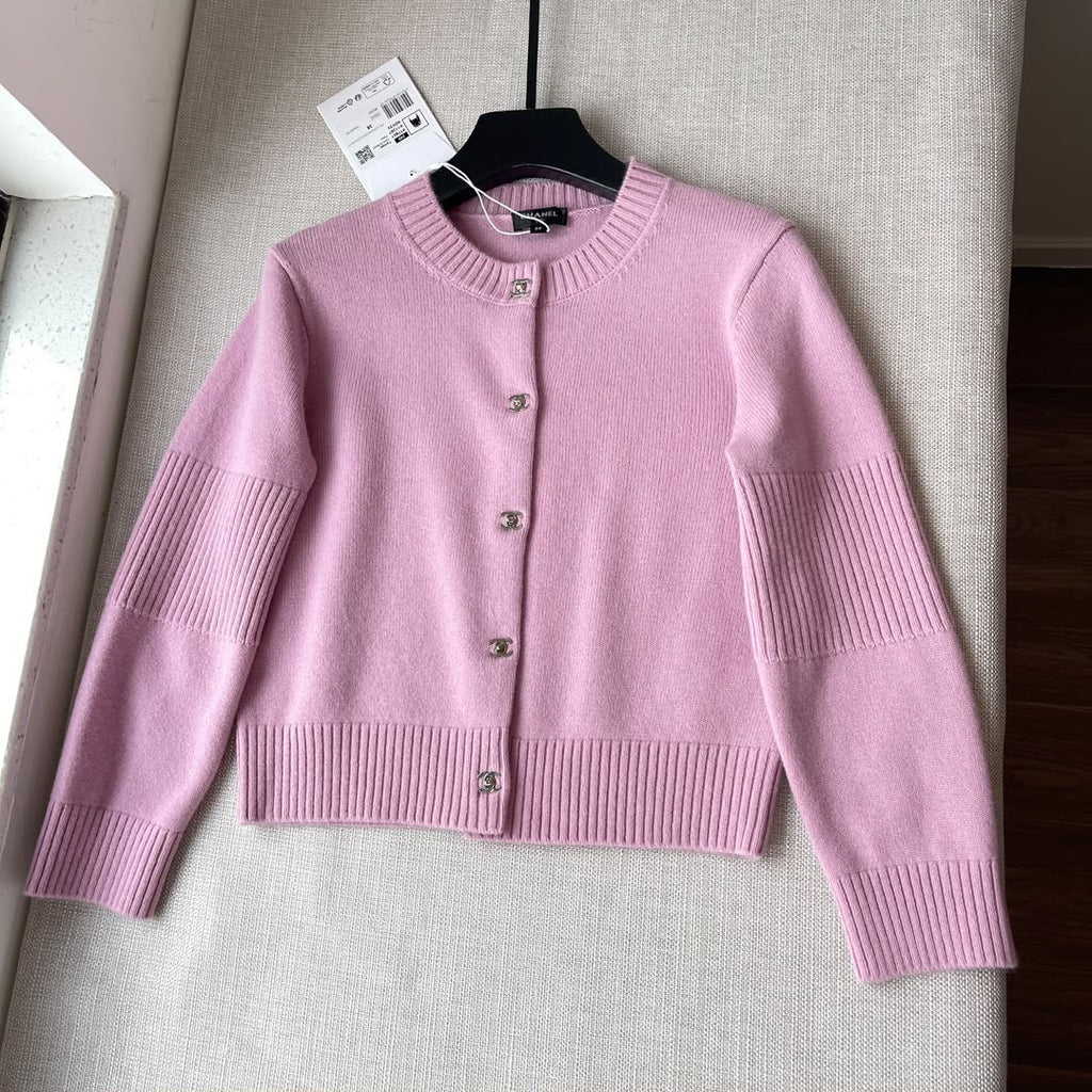 Chanel Cashmere Round-Neck Cardigan with Ribbed Sleeve Details