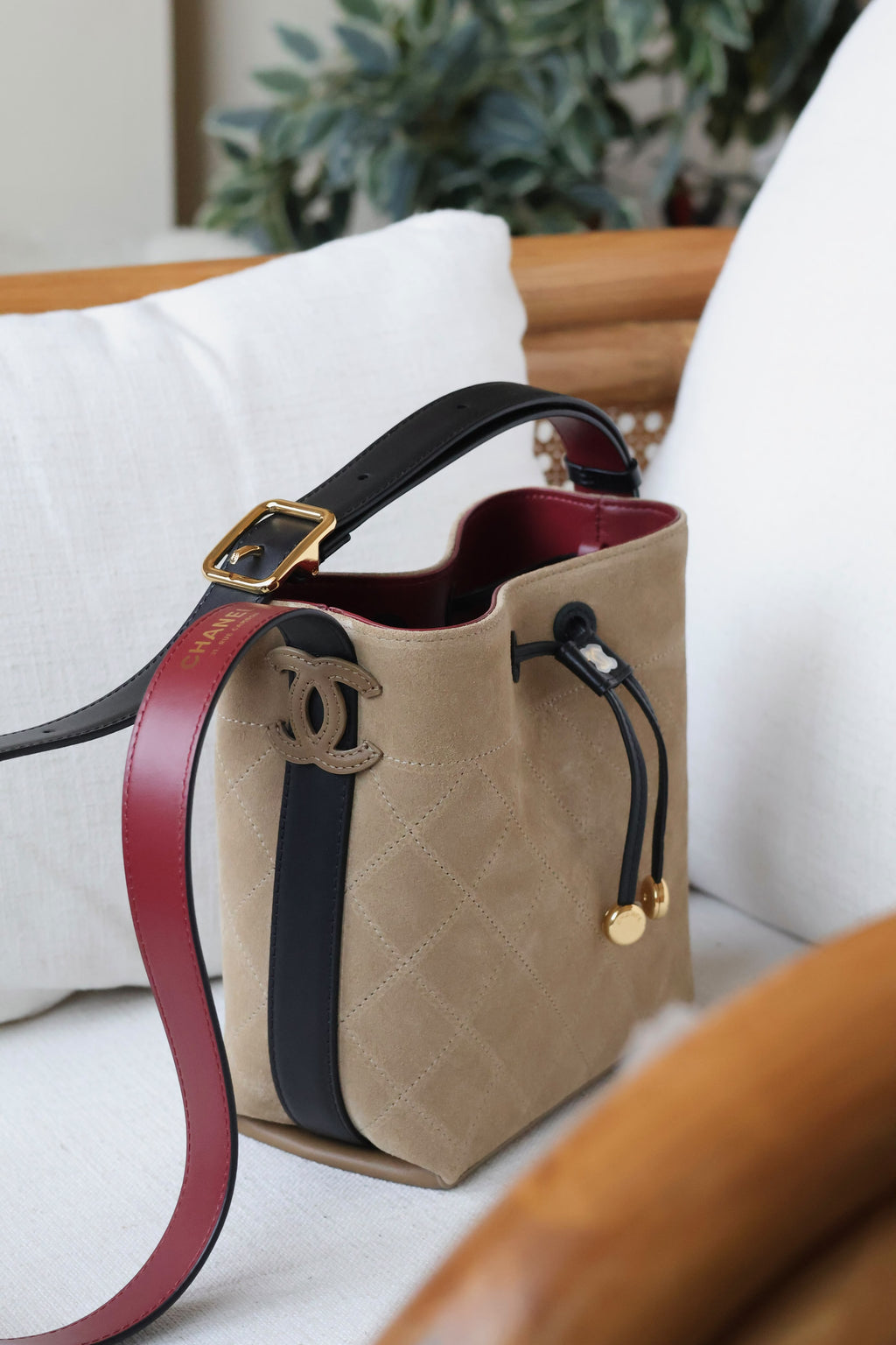 Chanel Suede Quilted Bucket Bag with CC Logo and Adjustable Strap