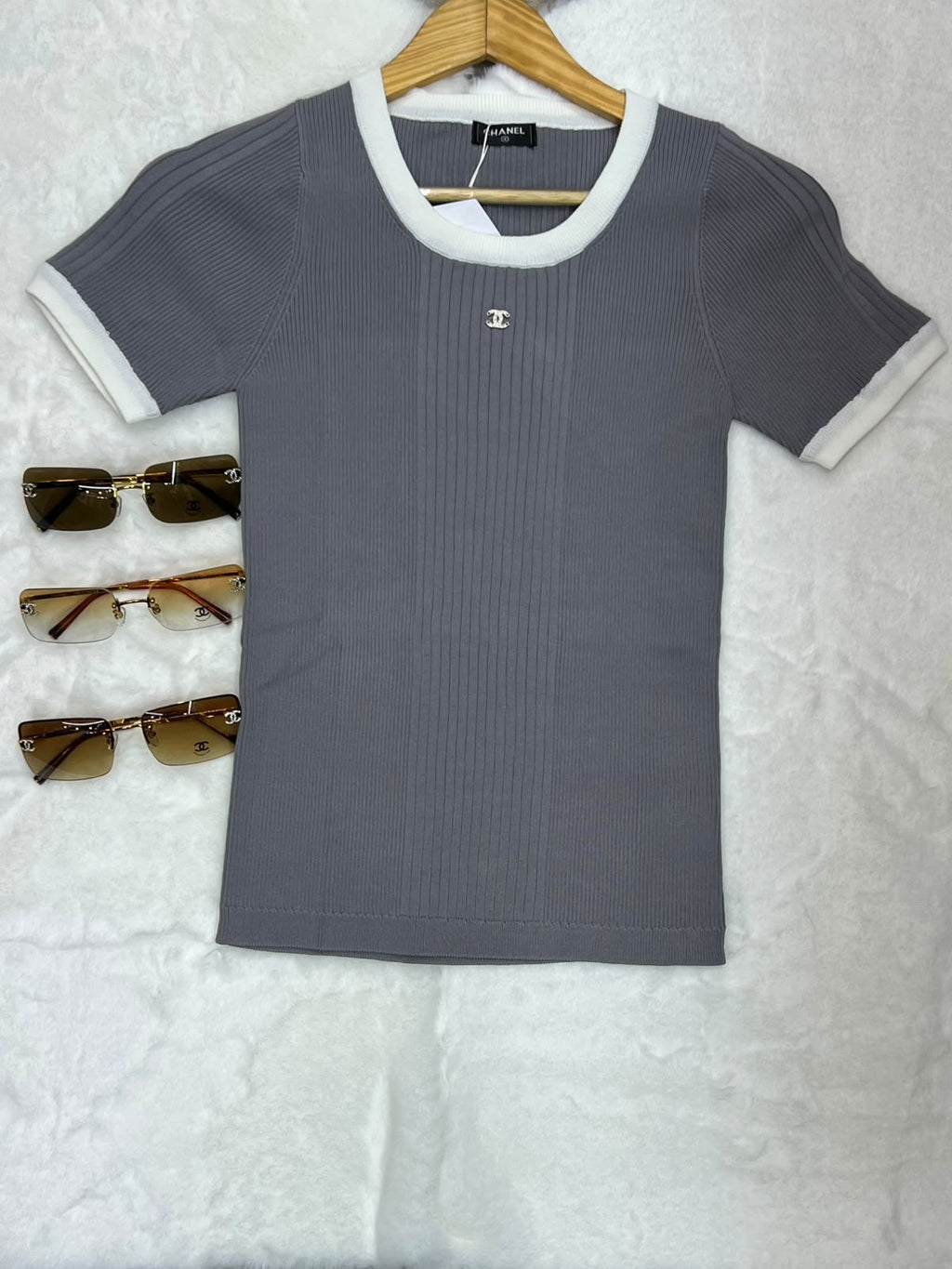 Chanel Short-Sleeve Ribbed Knit Top with Contrast Trim and CC Logo