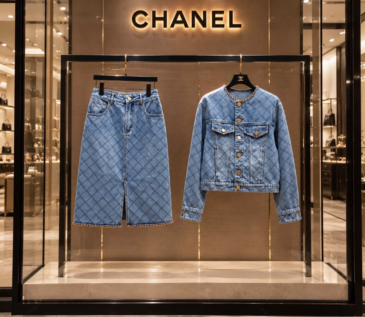 Chanel Quilted Light Wash Denim Jacket & Matching Skirt Set