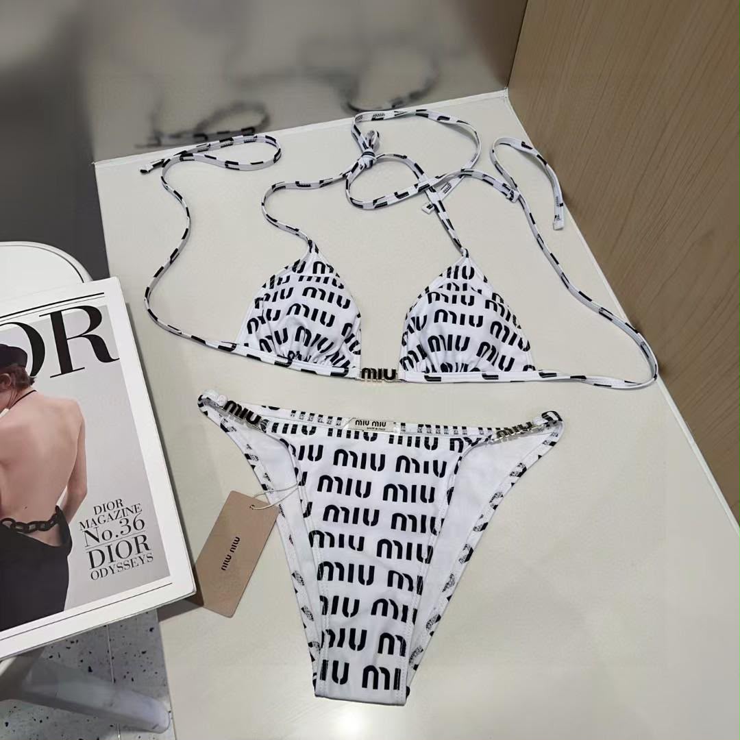 Miu Miu All-Over Logo Print Triangle Bikini Set