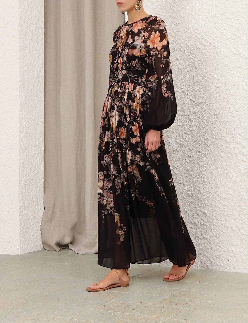 Zimmermann Valiant Long Sleeve Floral Maxi Dress in Black Floral