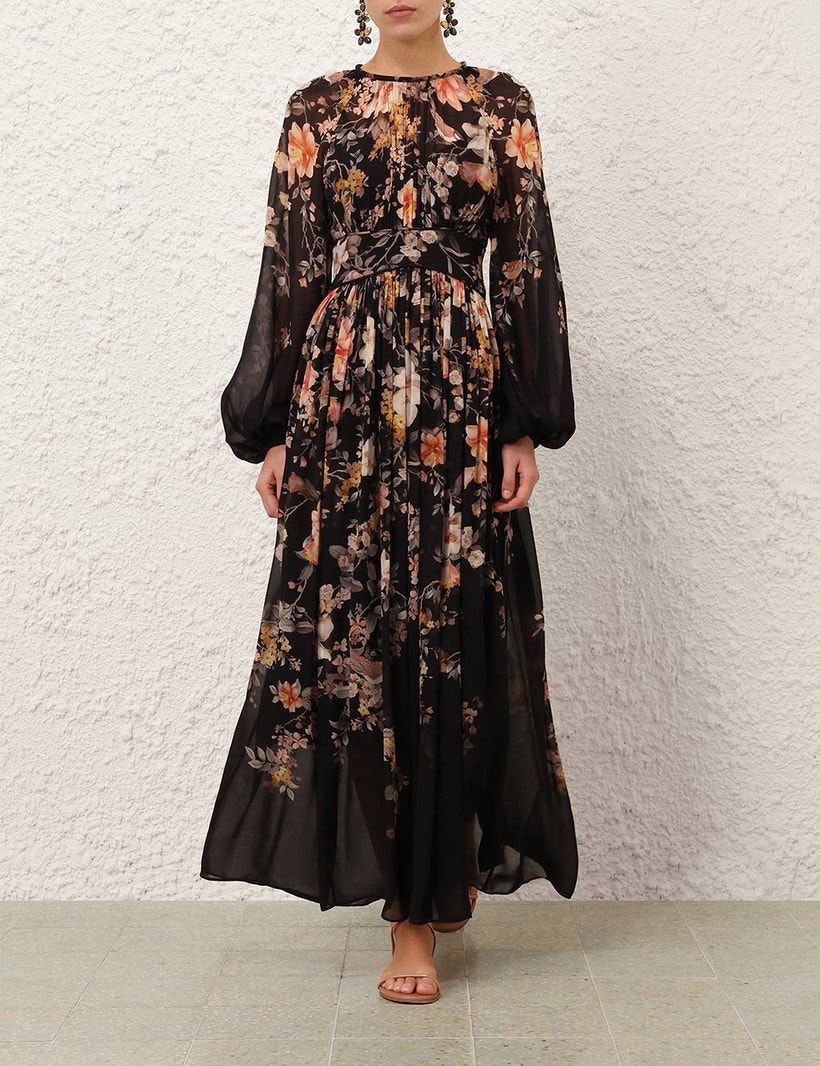 Zimmermann Valiant Long Sleeve Floral Maxi Dress in Black Floral