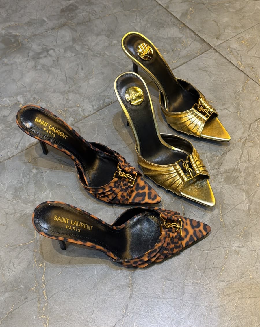 Saint Laurent Leopard Print Satin Pointed-Toe Mules with YSL Monogram Detail