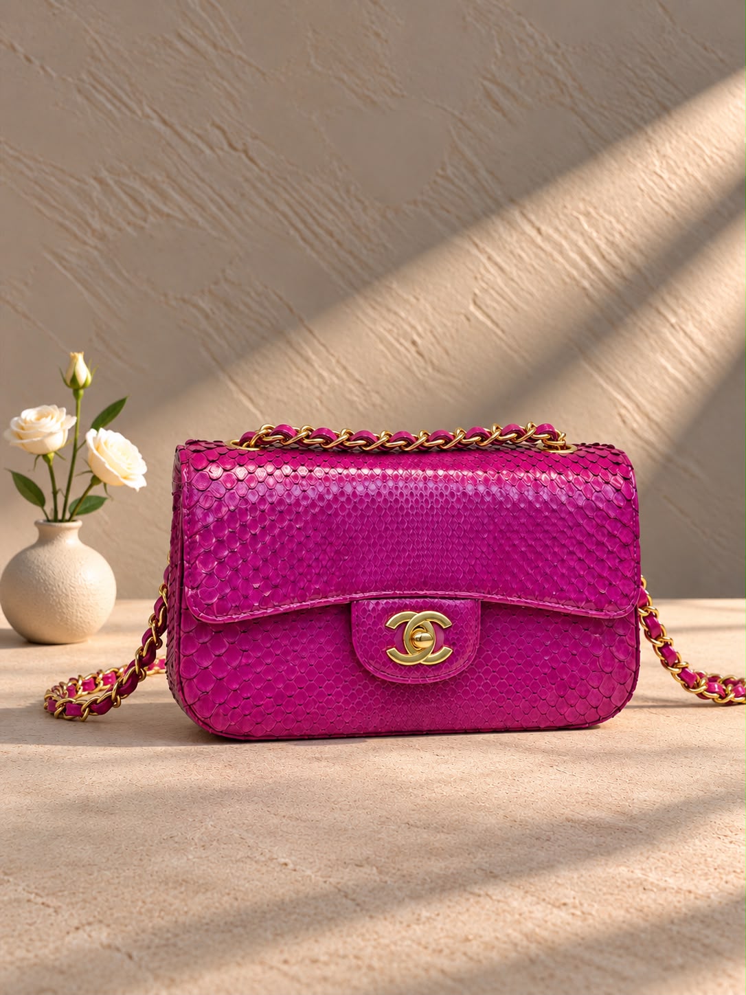 Chanel Classic Double Flap Bag in Python Leather with Chain Strap