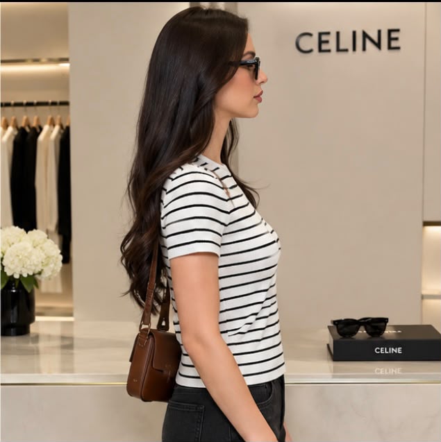 Celine Triomphe Embroidered Striped Cotton T-Shirt