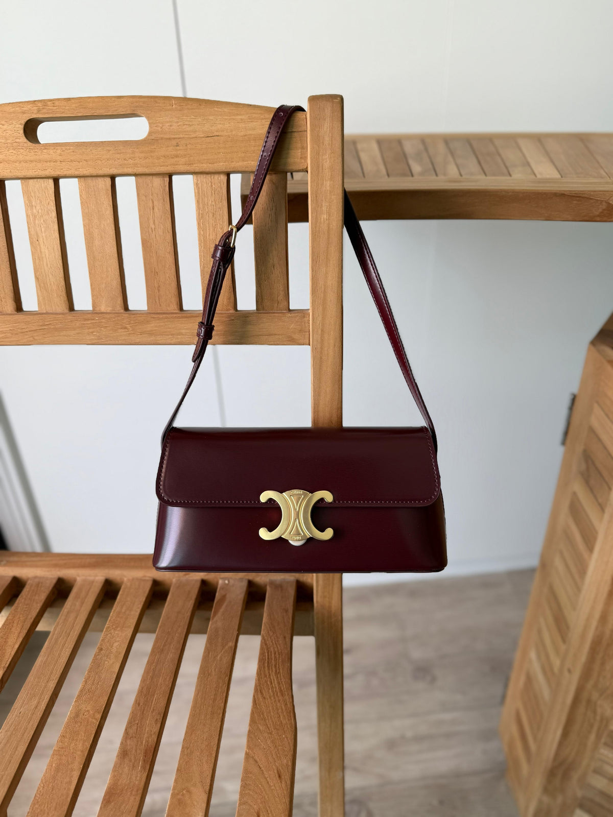 Celine Triomphe Shoulder Bag Burgundy Patent Leather