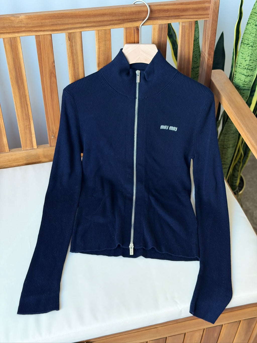 Miu Miu Ribbed Knit Full-Zip Jacket with Embroidered Logo