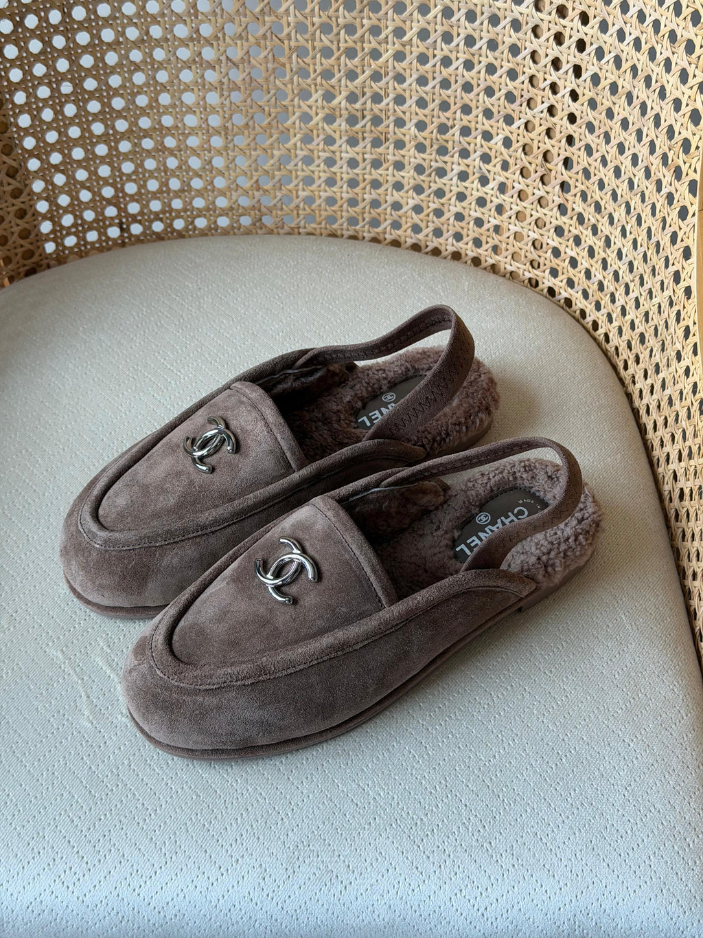 Chanel Shearling-Lined Loafer Mules with CC Logo