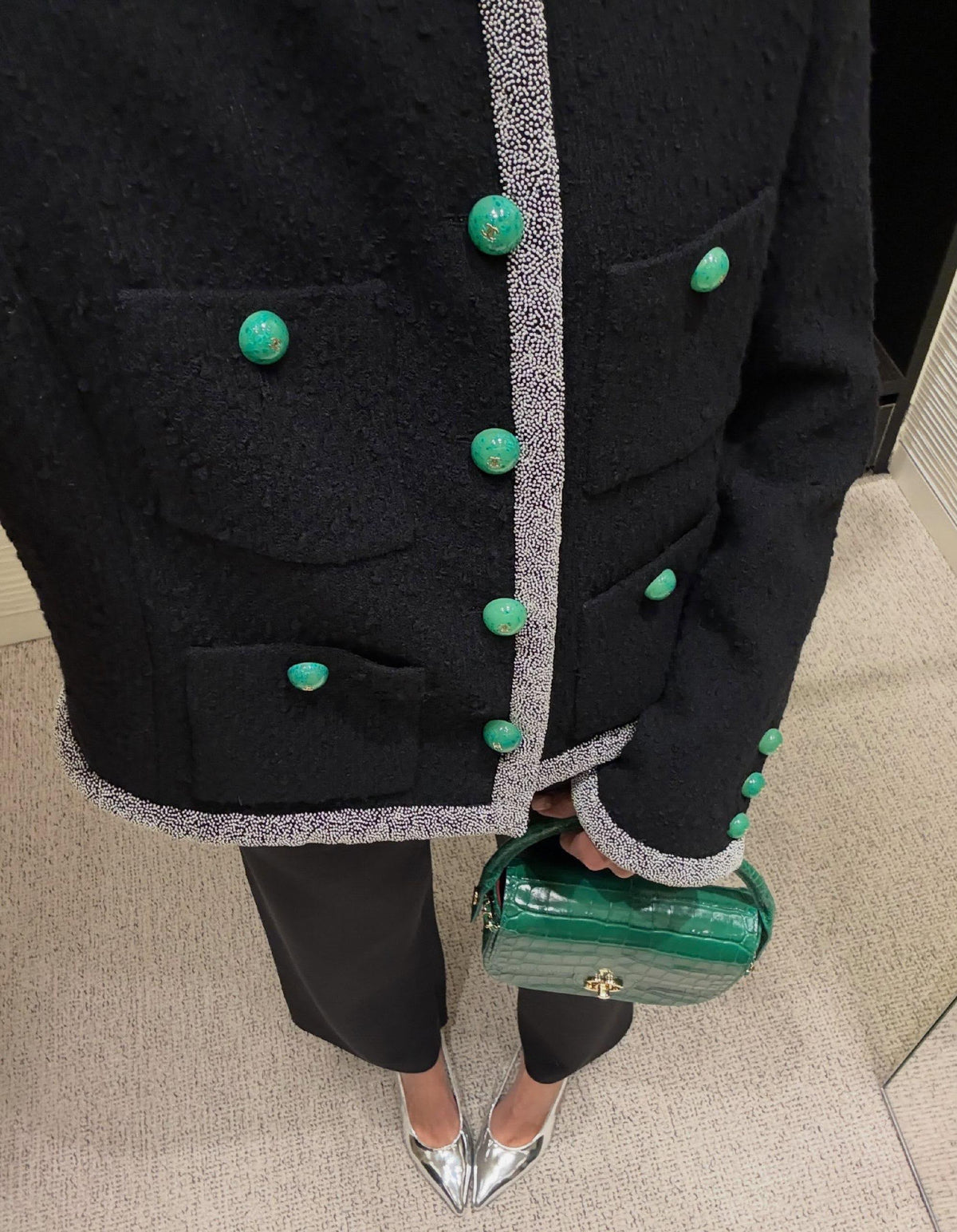 Chanel Beaded Trim Tweed Jacket with Green Buttons