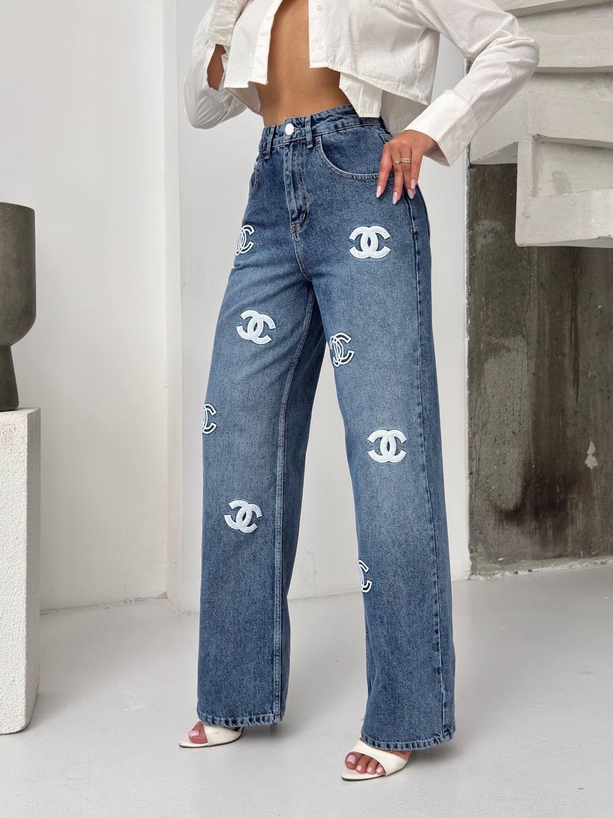 Chanel Medium Wash High-Waisted Wide-Leg Denim Jeans