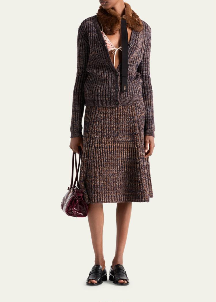 Prada Melange Knit Cardigan and Midi Skirt Set
