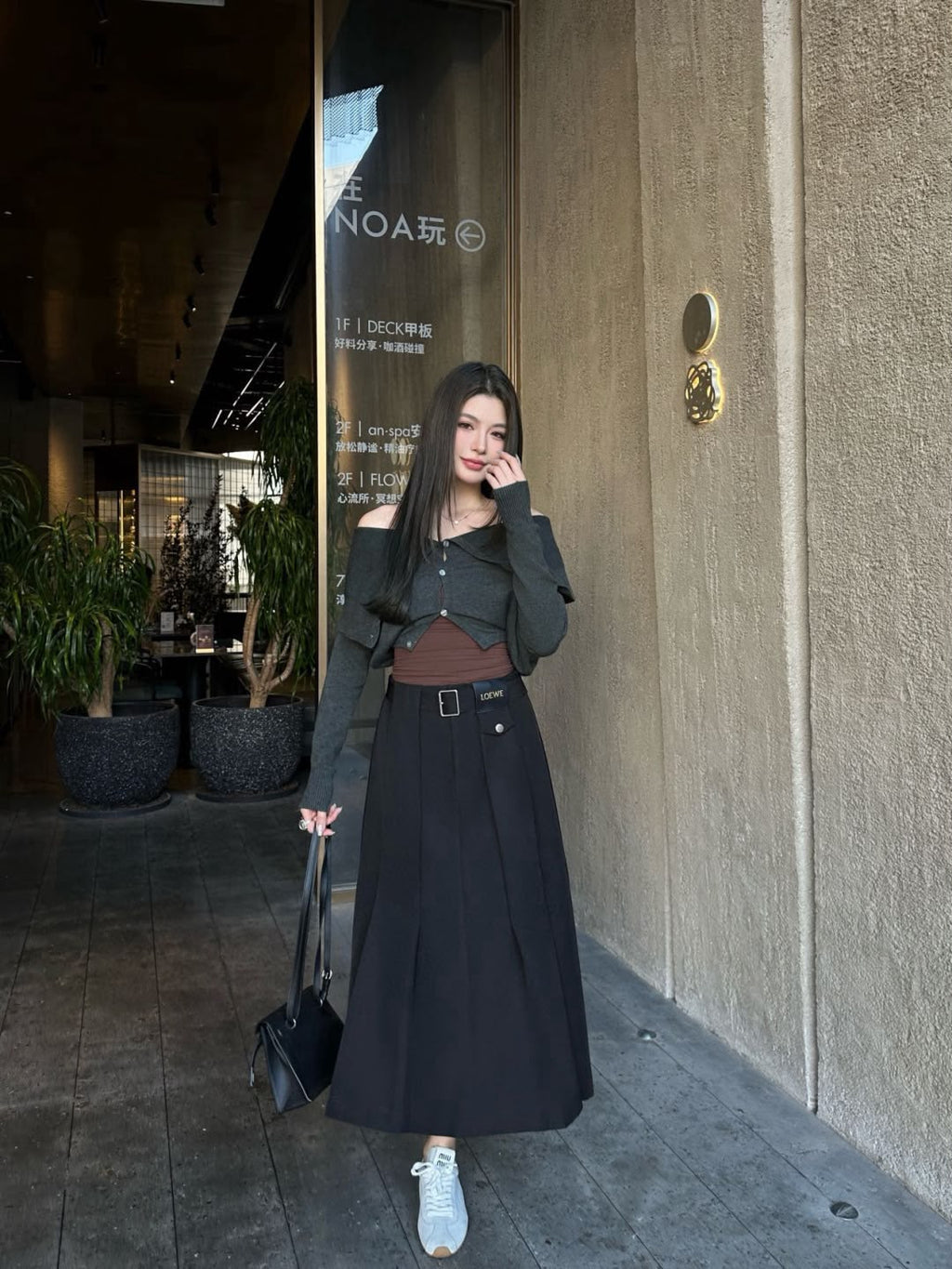 Loewe Pleated Midi Skirt with Belt and Pocket Detail