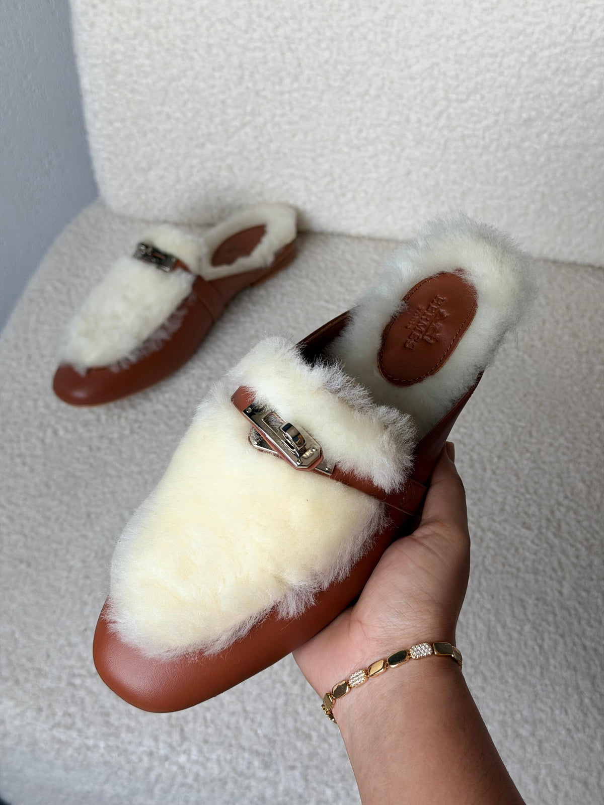 HERMES Fleece-Trim Mule Flats
