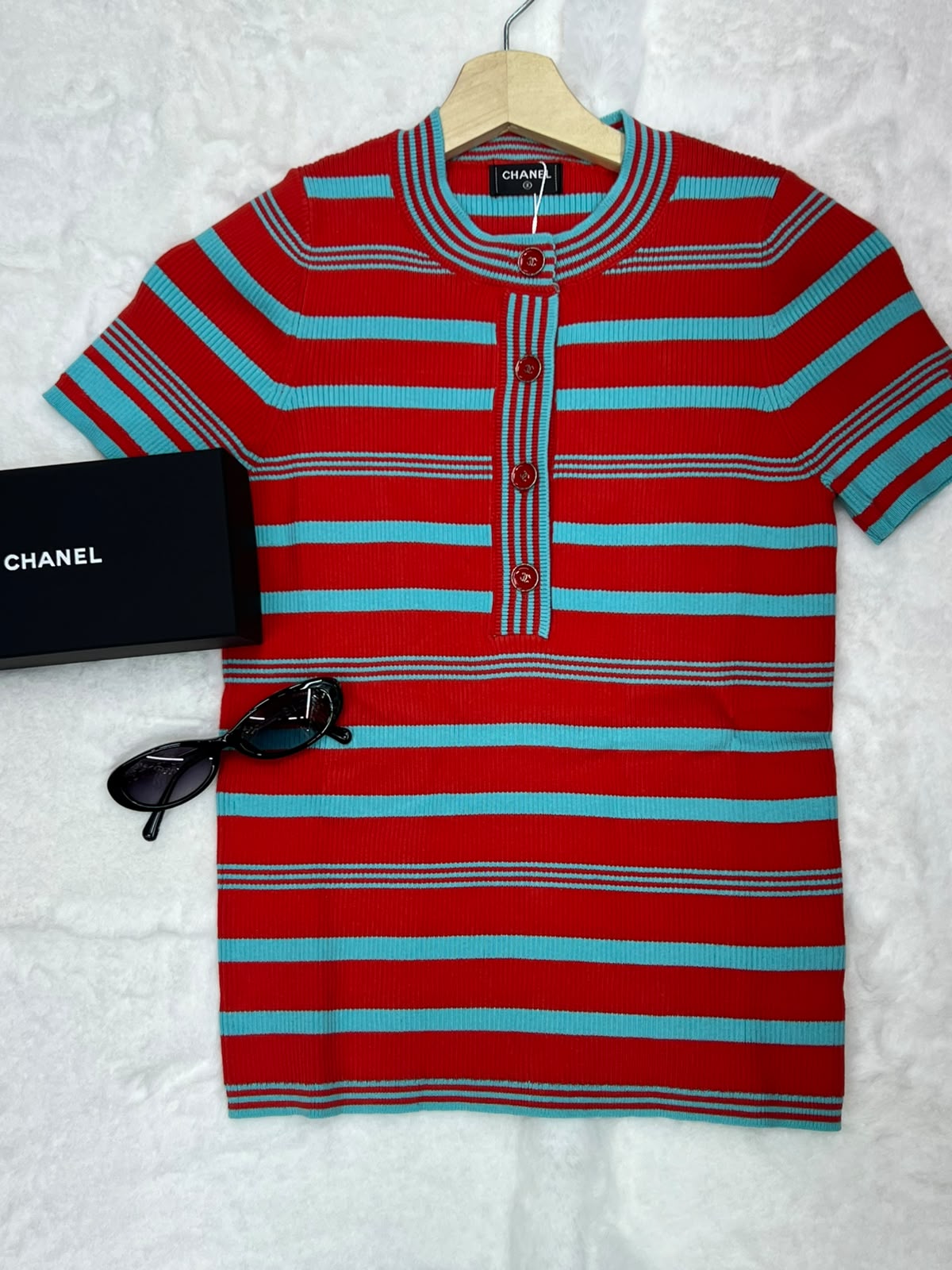 Chanel  Striped Ribbed-Knit Cotton Henley Top
