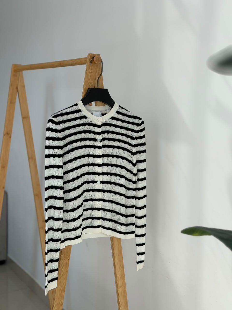 Dior Black and White Striped Openwork Knit Cardigan