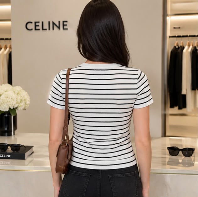 Celine Triomphe Embroidered Striped Cotton T-Shirt