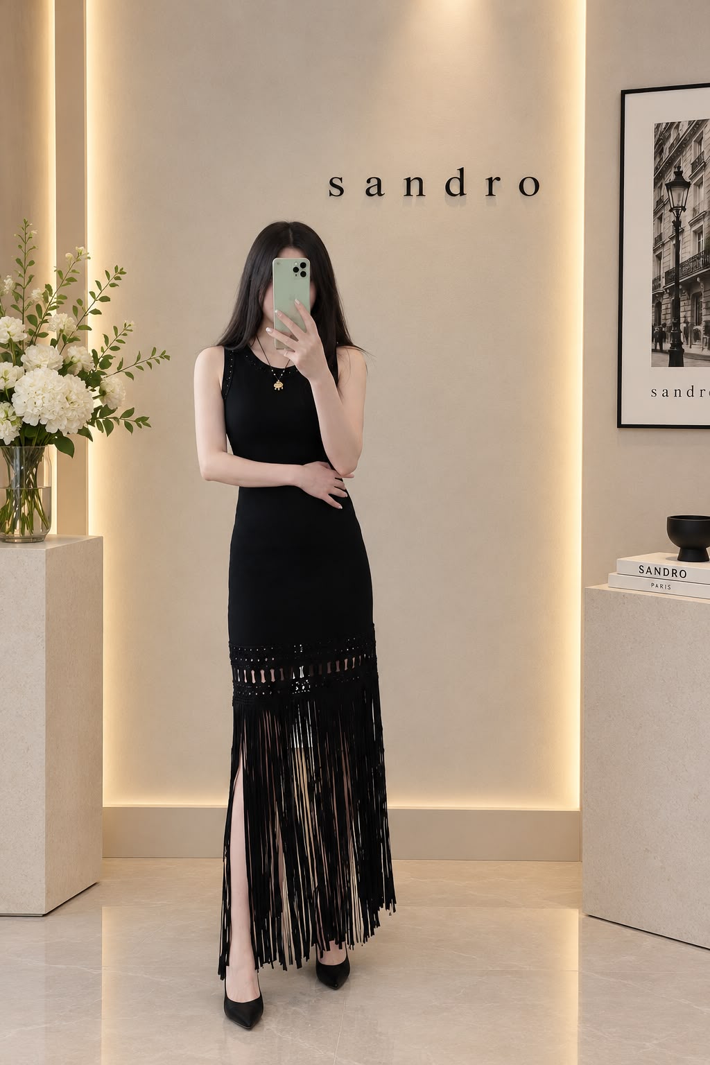 Sandro Sleeveless Openwork Cutout Fringe Hem Knit Maxi Dress Collection