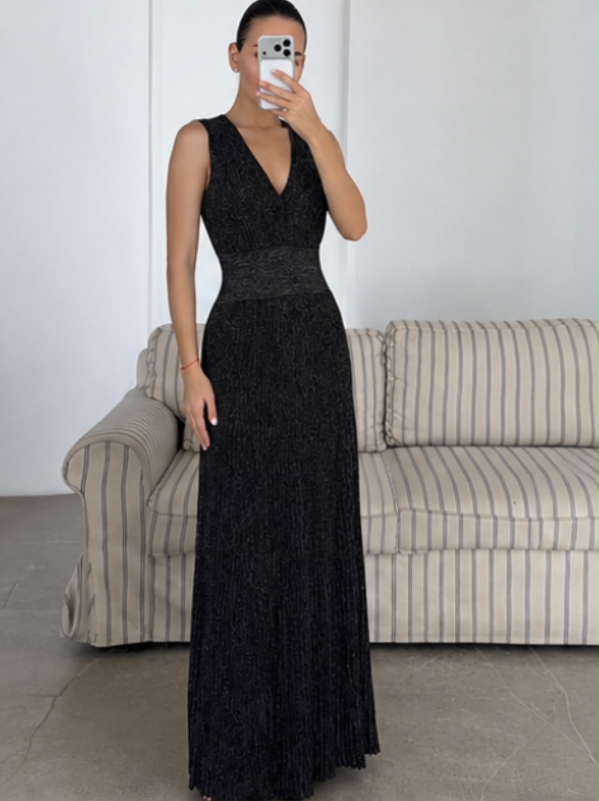Alaïa V-Neck Ribbed Knit Gown Dress