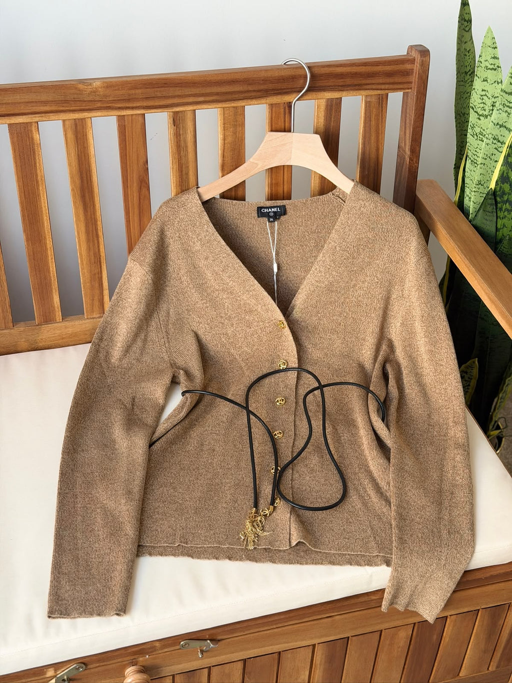 Chanel V-Neck Knit Cardigan with Waist Belt and Gold-Tone Charms