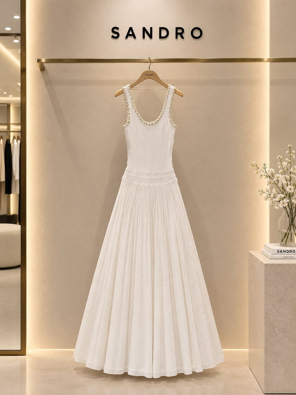 Sandro White Sleeveless Knit Maxi Dress with Pearl-Embellished Neckline